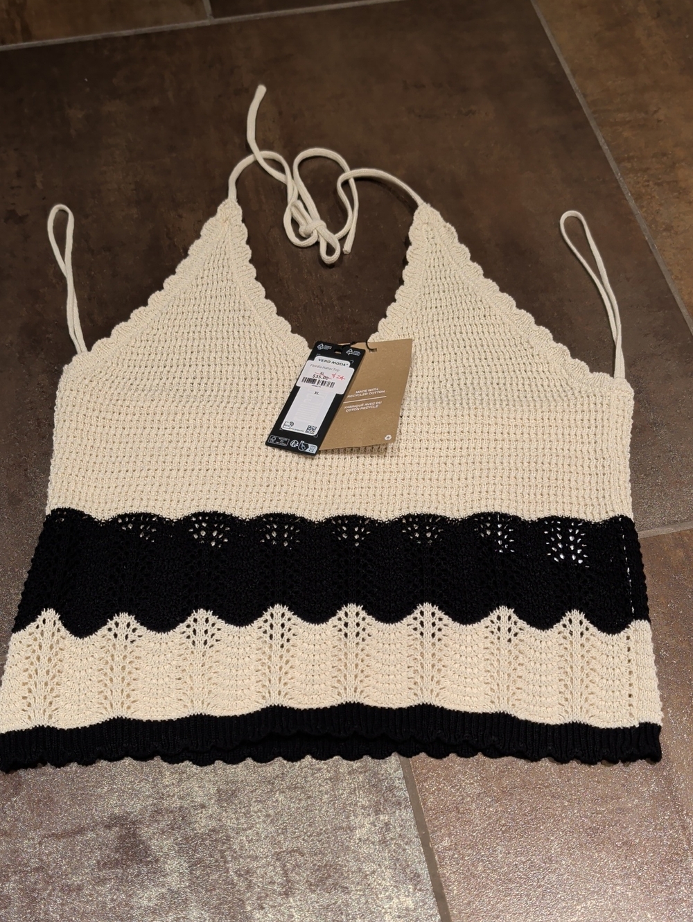Vero Moda Cream and Black Crochet Halter Tank